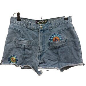 VTG 90s No Excuses Jeans Womens Love Peace Denim Shorts 13/14 Blue Embroidered